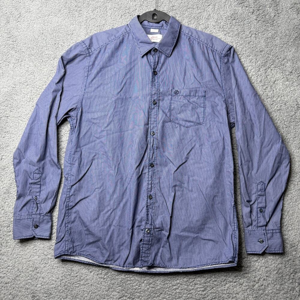 S Oliver Shirt Mens Large Blue Striped Long Sleeve Button Up